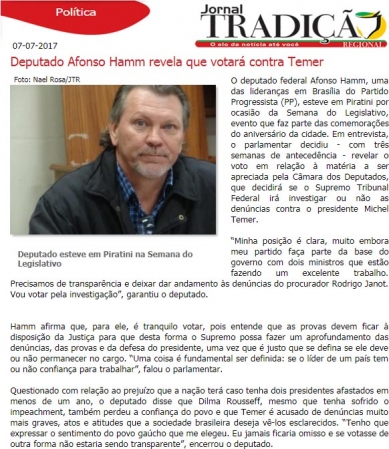 Posição do deputado Afonso Hamm no Jornal Tradição de Pelotas